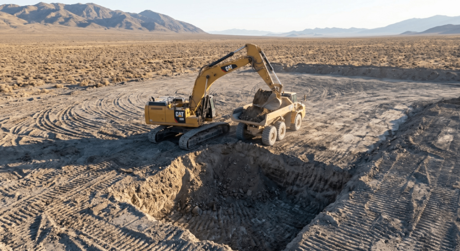 Excavator and haul truck shaping a building pad