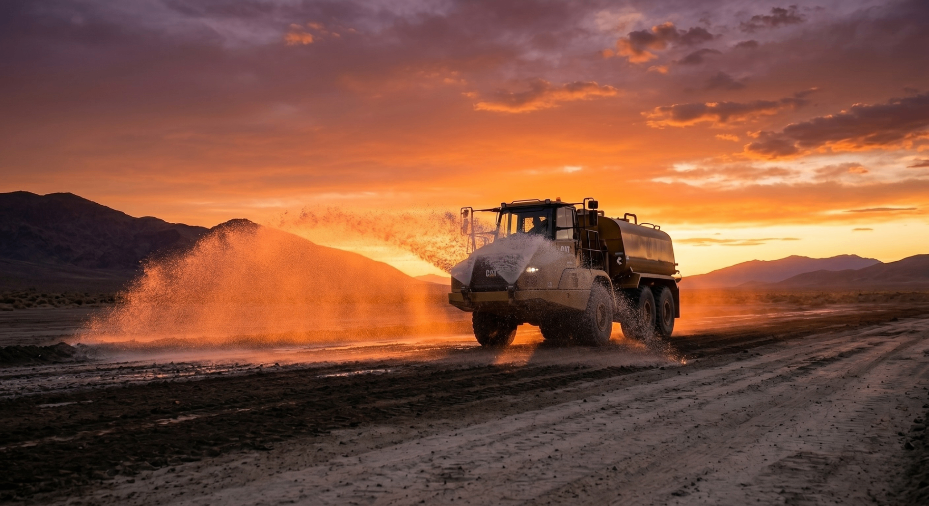 Water truck spraying a Nevada road at sunset