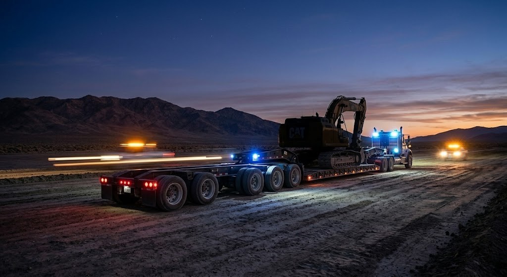 Excavator being transported across a Nevada job site at dusk
